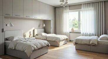 A bedroom with two beds and a window photo