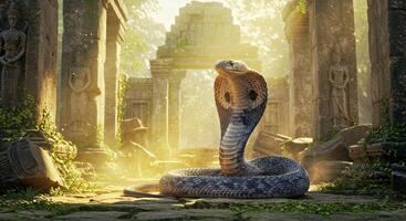 A cobra is sitting on the ground in an ancient temple photo