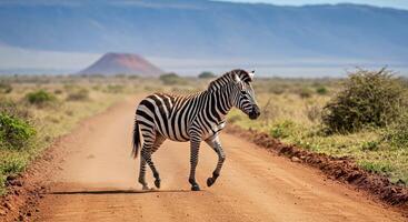 A zebra crossing a dirt road in the middle of nowhere photo