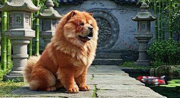 A chow chow dog sitting on a stone path near a pound photo
