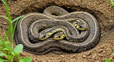 A snake is curled up in a hole photo