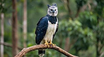 A large bird is perched on a branch photo