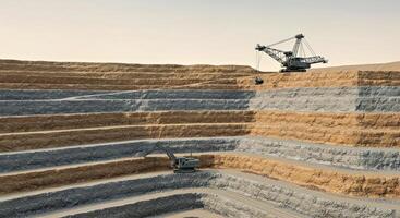 A large open pit with a crane and a truck photo