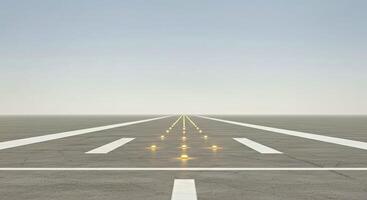An empty runway with a white line leading to the sky photo