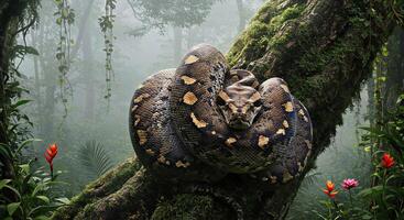 A large snake is sitting on a tree branch photo