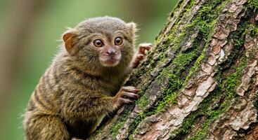 A small monkey is sitting on a tree trunk photo