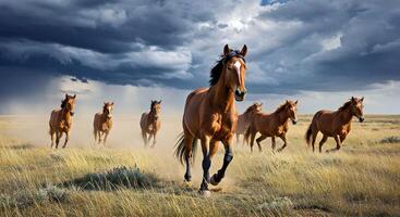 A group of horses running in a field photo