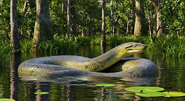 A large snake in a swamp with lily pads photo