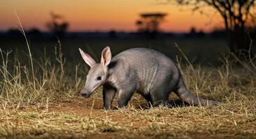 An armadillo is walking in the grass at sunset photo