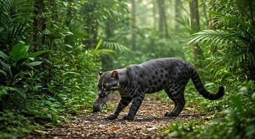 A cat walking through a jungle with a fish in its mouth photo