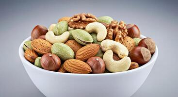 A bowl of mixed nuts on a gray background photo