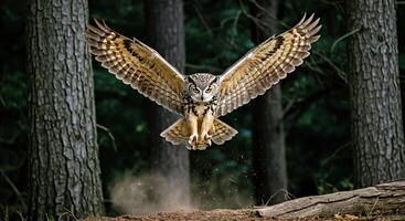 An owl flying over a forest in the air photo