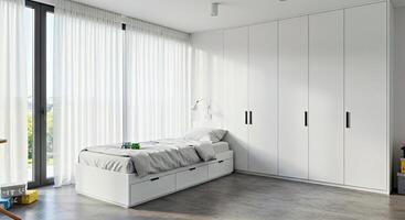 A bedroom with a bed, a desk and a window photo