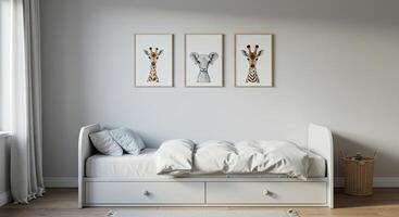 A white bed with a giraffe print on the wall photo
