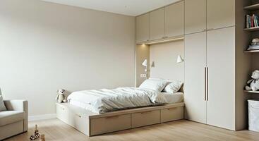 A bedroom with a bed, a bookcase and a wardrobe photo