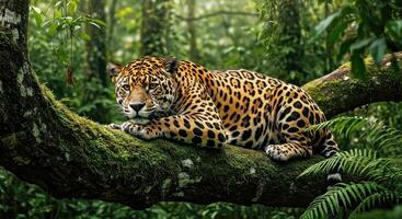 A jaguar is resting on a tree branch in the jungle photo