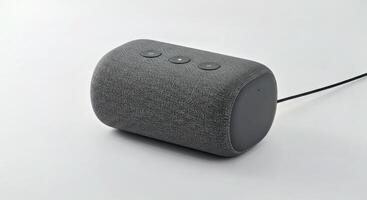A gray speaker with a cord connected to it photo