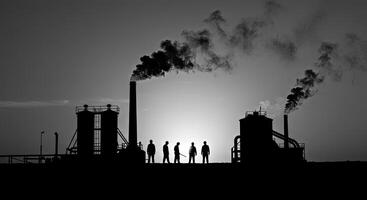 Silhouette of people standing in front of smoke stacks photo