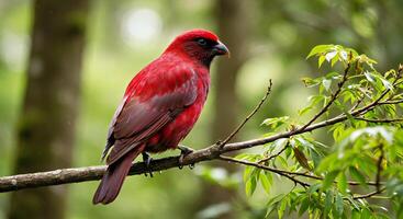 A red bird sitting on a tree branch photo