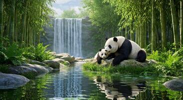 Two pandas sitting on a rock near a waterfall photo