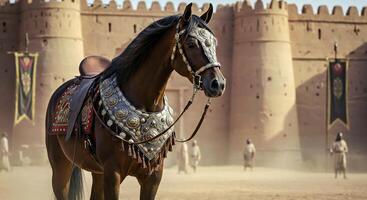 A horse with a saddle and a helmet standing in front of a castle photo