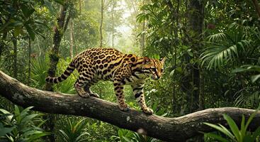 A leopard is walking on a tree branch in the jungle photo