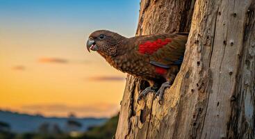 A bird sitting on a tree trunk with a sunset in the background photo