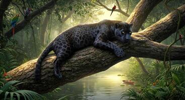 A painting of a black leopard resting on a tree branch photo
