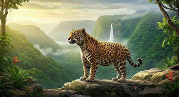 A jaguar standing on a rock in the jungle photo