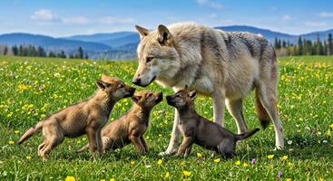 A wolf and her puppies are standing in a field photo