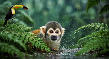 A small monkey is in the rain with a toucan photo