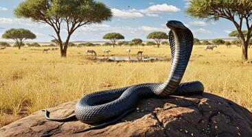 A cobra is sitting on a rock in the middle of a field photo