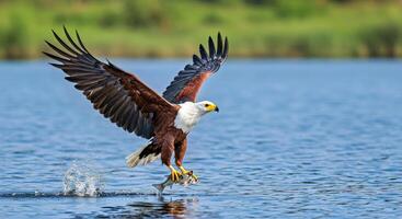 An eagle is landing on the water with its wings spread photo