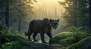 A black panther walking through a forest frontview photo
