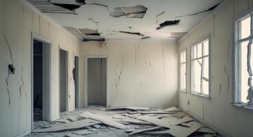 A room with broken walls and a broken ceiling photo