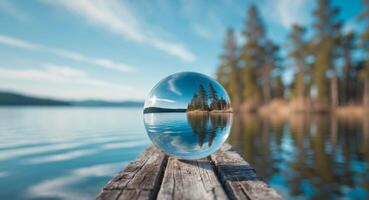 Glass ball reflecting a tranquil lake scene with trees and a clear blue sky in the background photo
