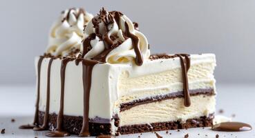 A Decadent Slice of Ice Cream Cake with Whipped Cream and Chocolate Drizzle. photo