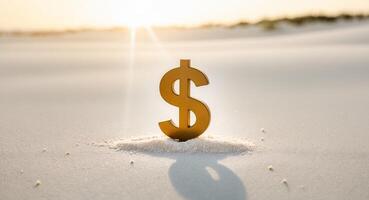 Golden Dollar Sign on Sand with Sunlight Creating a Warm and Inviting Atmosphere. photo