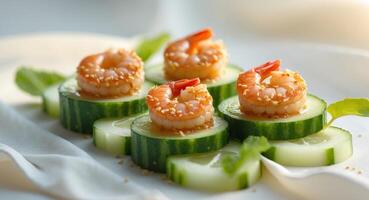 Sesame Shrimp Appetizer on Cucumber Slices photo