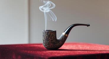 Intricately Carved Smoking Pipe with Smoke Rising on a Deep Red Surface photo