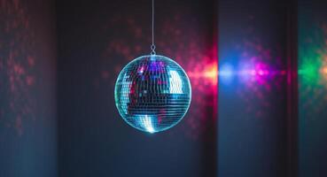 Shiny disco ball hanging from a string reflecting colorful lights in a dimly lit room photo