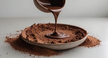 Chocolate pouring from a spoon into a bowl of cocoa powder photo