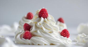 A close up of a white cake with whipped cream and raspberries photo