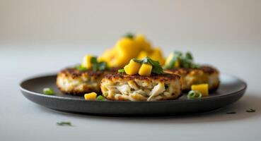 Three crab cakes with mango salsa on a plate photo