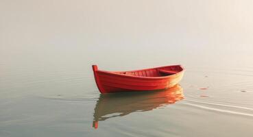 A small red boat floats peacefully on a calm body of water. photo