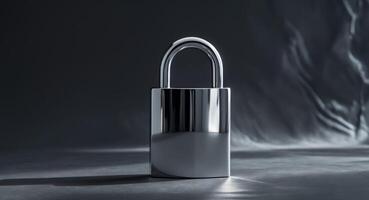 A shiny padlock resting on a dark background with shadows and texture photo