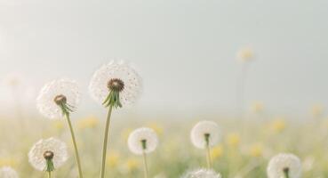 Soft Light on Dandelions Blowing in Gentle Breeze of Summer Field. photo