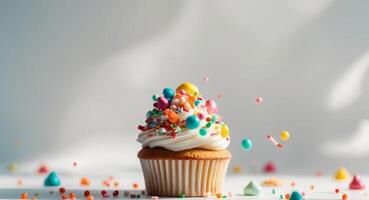 A cupcake with sprinkles and colorful confetti photo