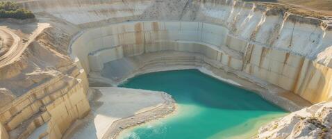 An aerial view of a quarry with a blue water hole photo