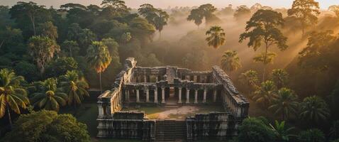 An ancient temple surrounded by trees and foggy forest photo